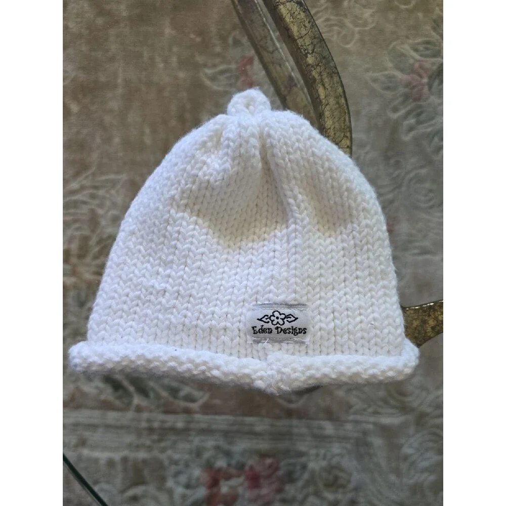 Baby Hat White Hand Knit 100% Cotton Colorful Flower Appliqués U.S.A. Size XS